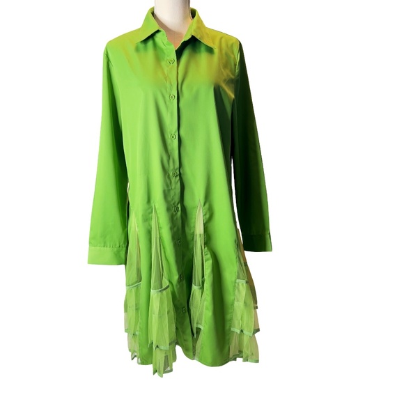 # A215  Ft INC  Y2K Revival  Lime Green Shirt Dress with Mesh Ruffle NWT XL - Picture 1 of 8